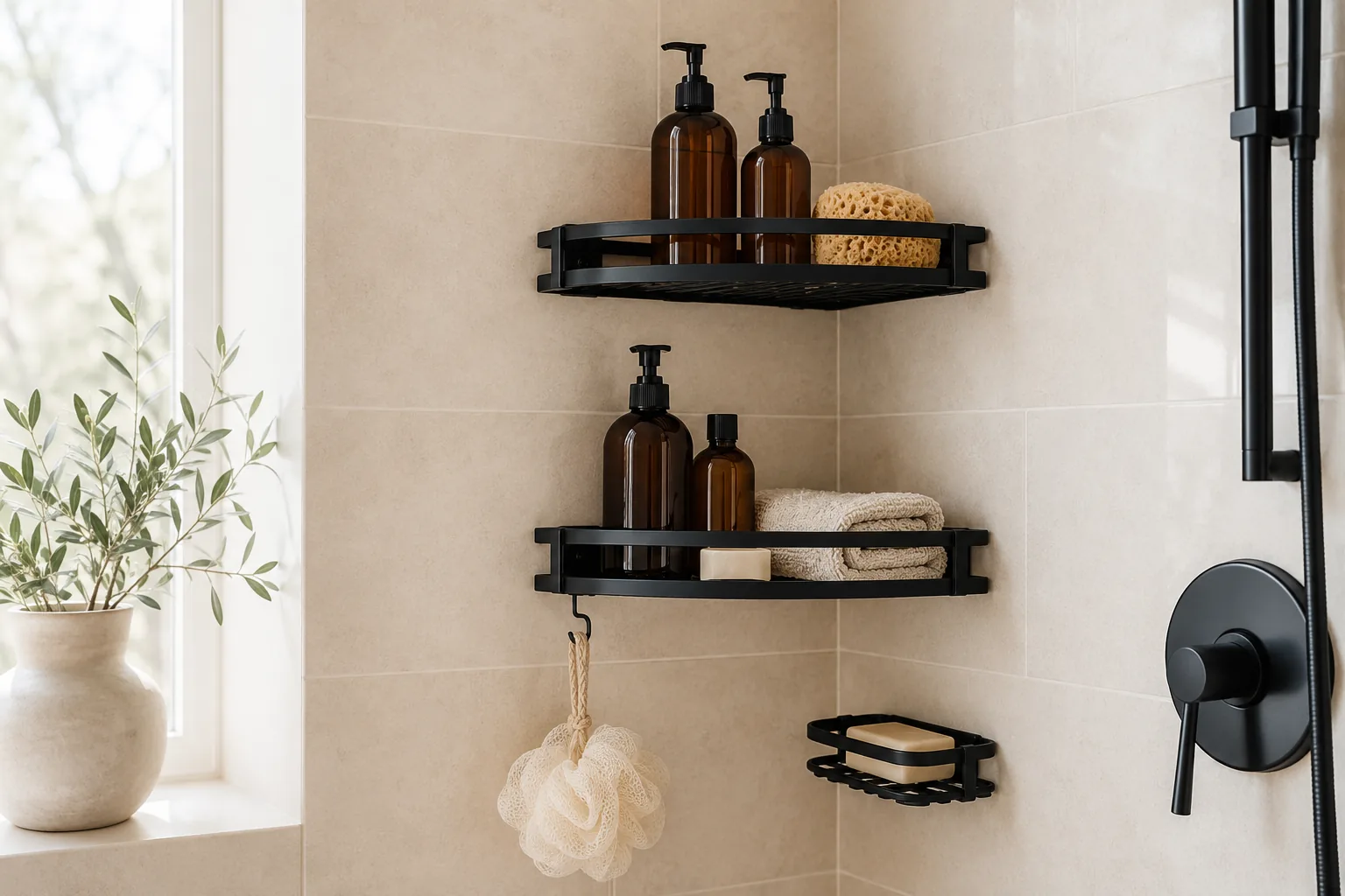 Black stainless corner adhesive shower caddy shelves holding bottles, soap, and a loofah on beige tile