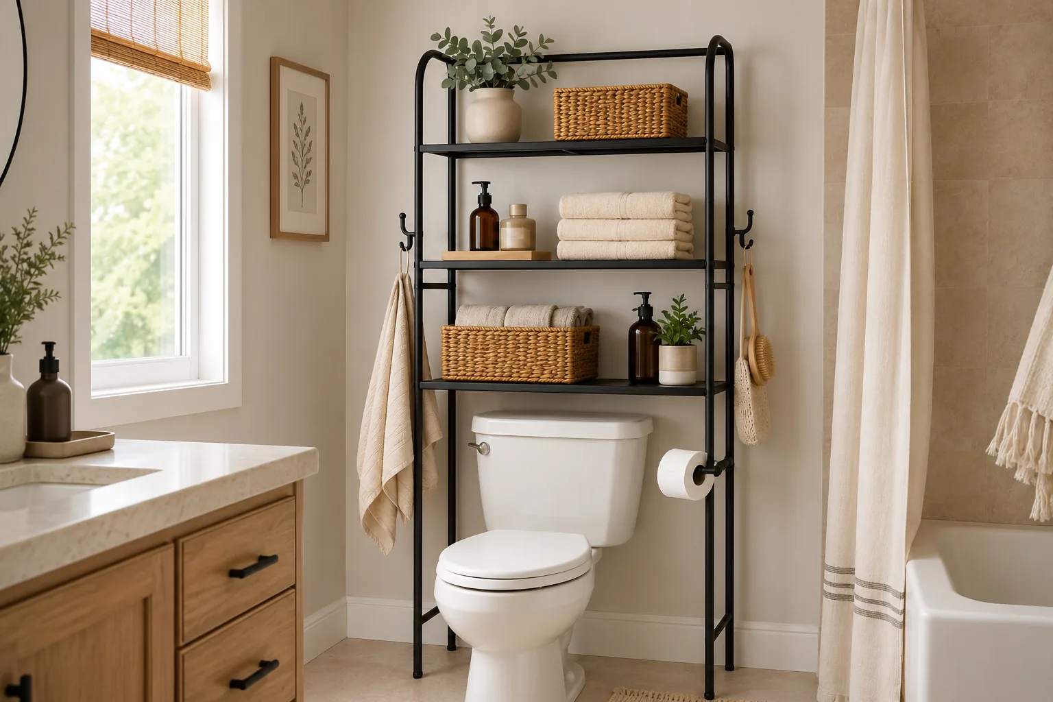 Black metal three-tier over-the-toilet storage shelf styled with towels, baskets, and a plant in a warm neutral bathroom