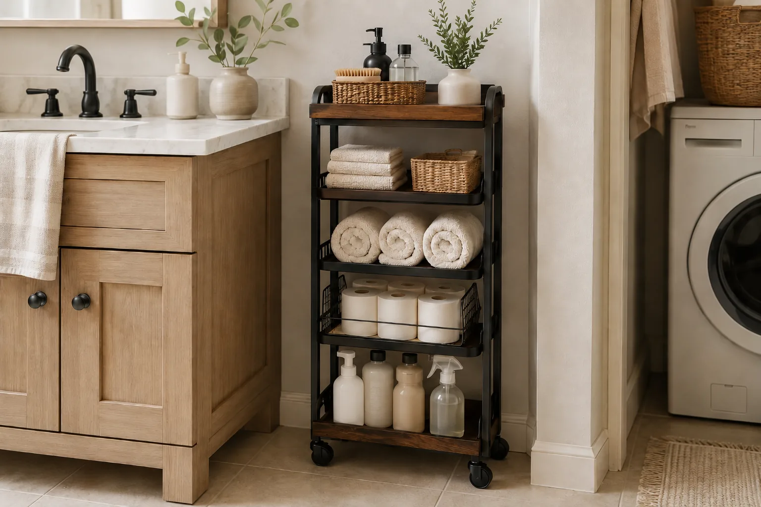Slim four-tier black rolling cart with wood top holding towels, toilet paper, and bottles beside a bathroom vanity