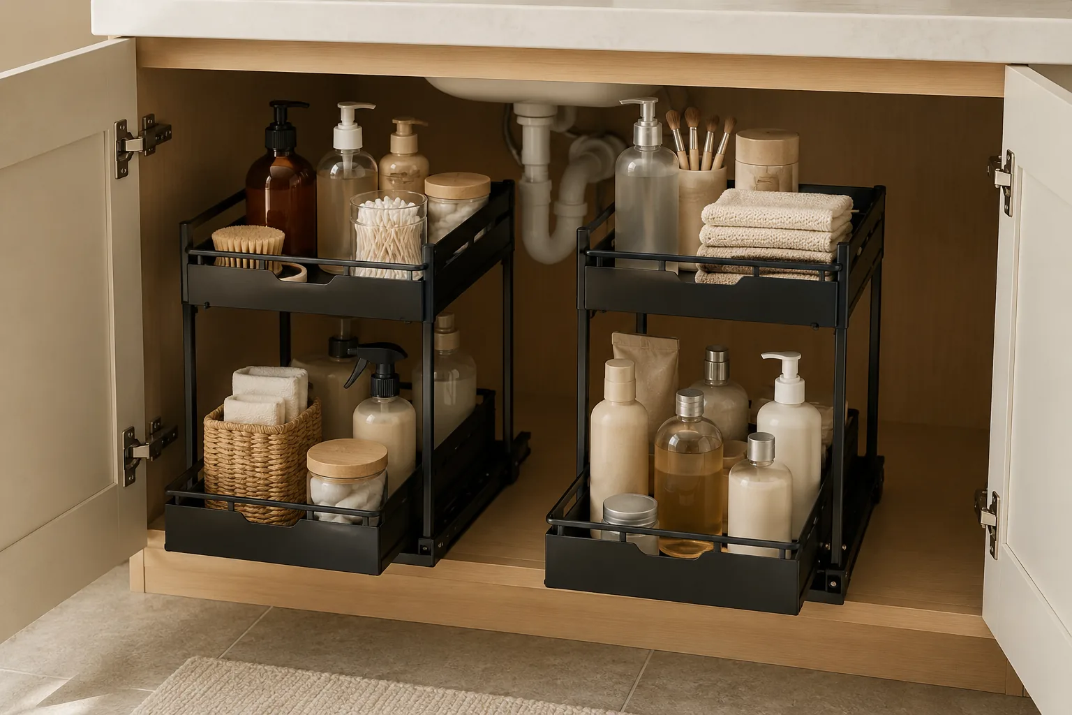 Two black pull-out under-sink organizers holding toiletries and cleaning supplies inside an open bathroom cabinet