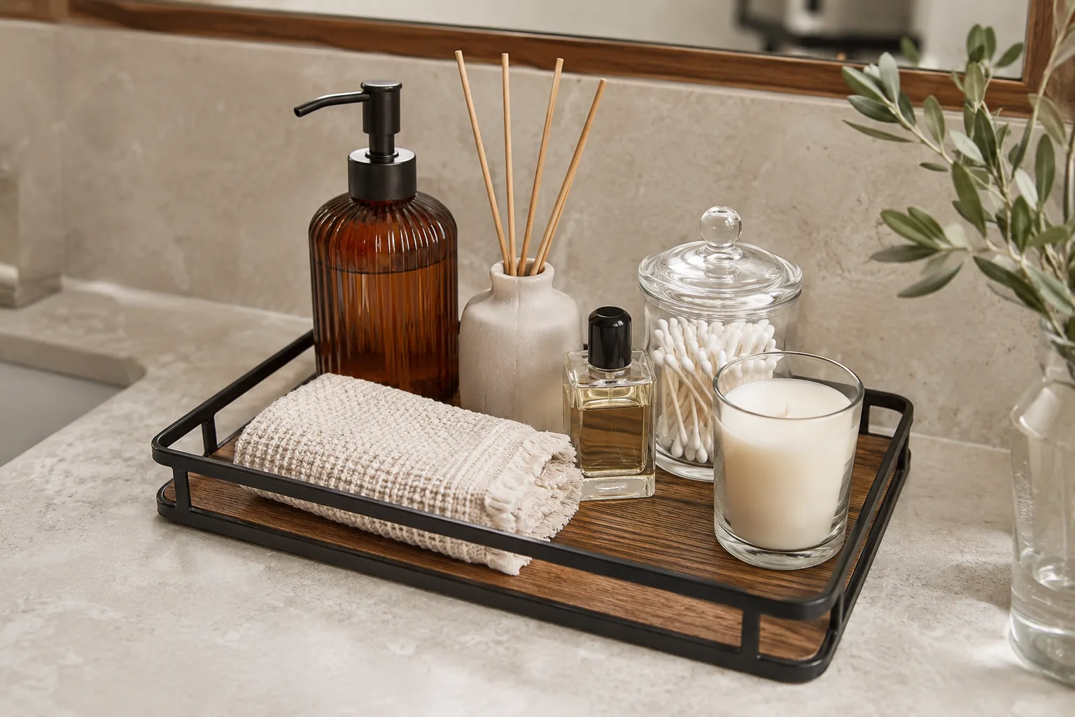 Acacia wood vanity tray with black metal guardrail holding soap, perfume, a candle, and a rolled washcloth on a bathroom counter