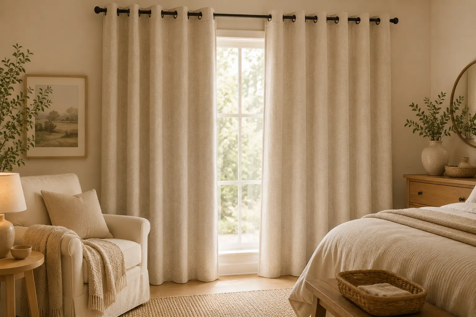 Natural linen-look blackout curtain panels on a black rod filtering light in a warm neutral bedroom