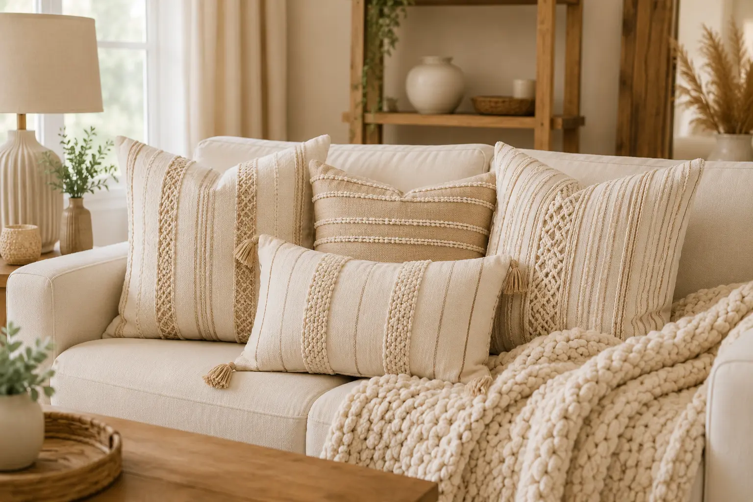 Tan boho macrame woven pillow covers with tassels layered on a cream sofa with a knit throw