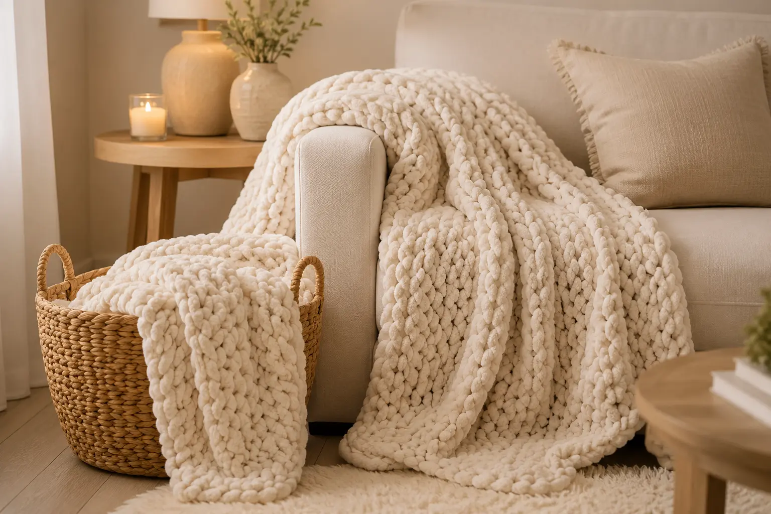 Beige chunky knit chenille throw blanket draped over a cream sofa beside a woven basket in a warm neutral room
