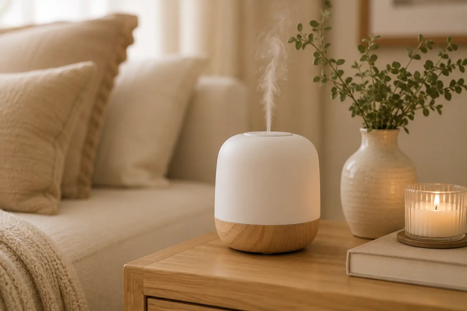 Wood grain essential oil diffuser with soft mist on a light oak nightstand beside a vase and candle