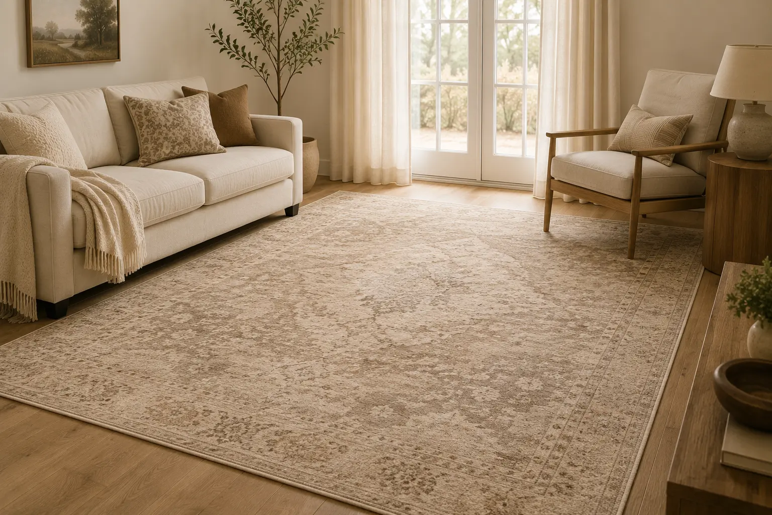 Machine washable 8x10 vintage neutral rug in beige and brown anchoring a cream sofa and wood armchair