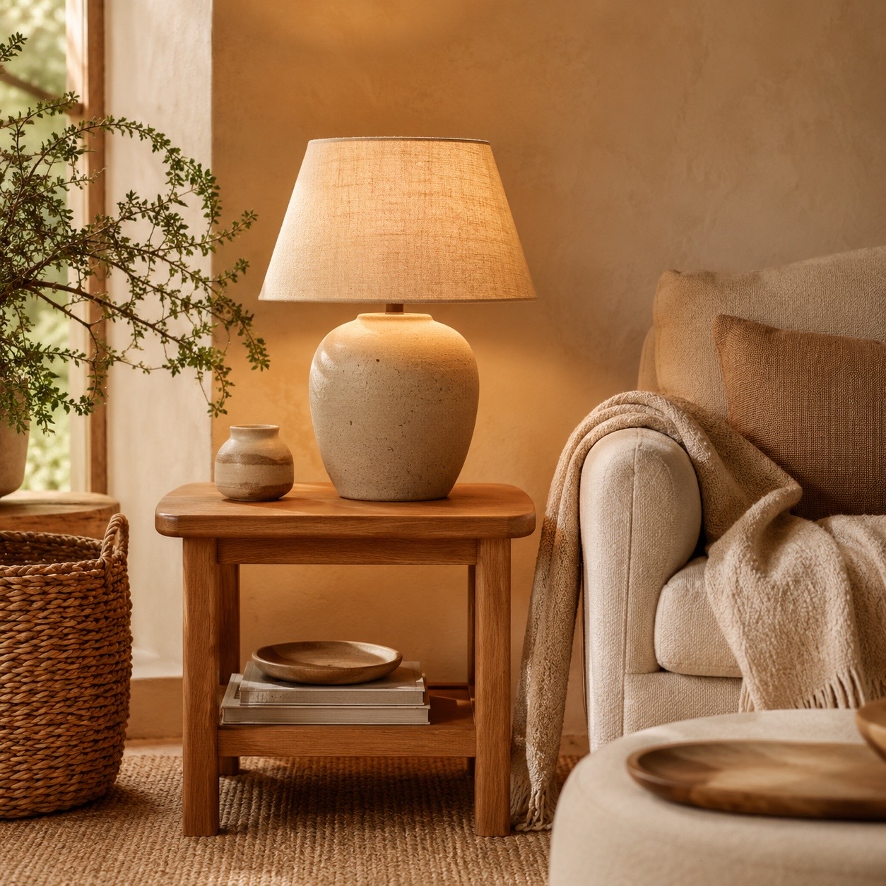 Warm cozy corner with a glowing ceramic table lamp casting soft light