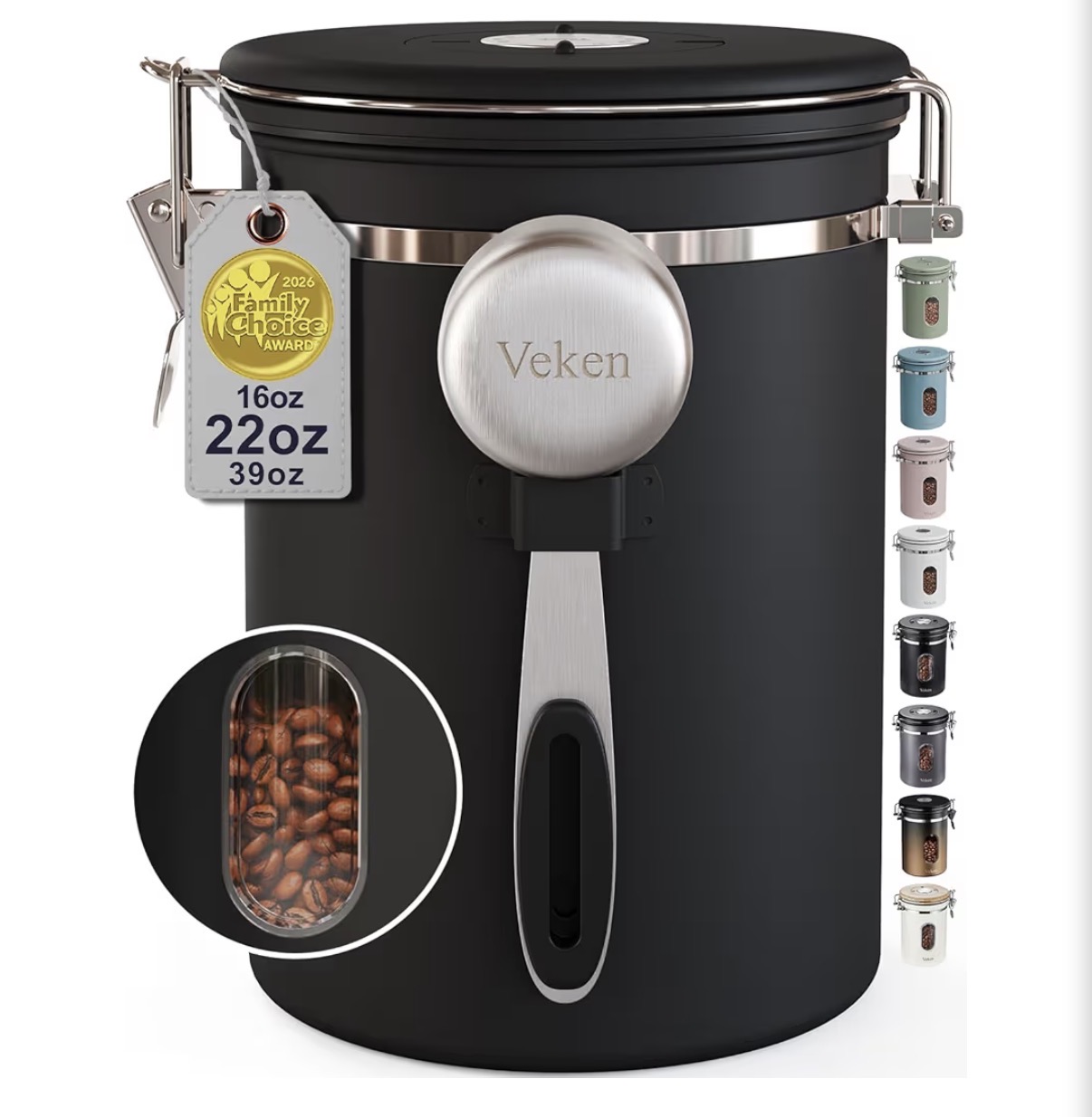 Black stainless steel airtight coffee canister with a window and a wood scoop hanging on the side, filled with coffee beans