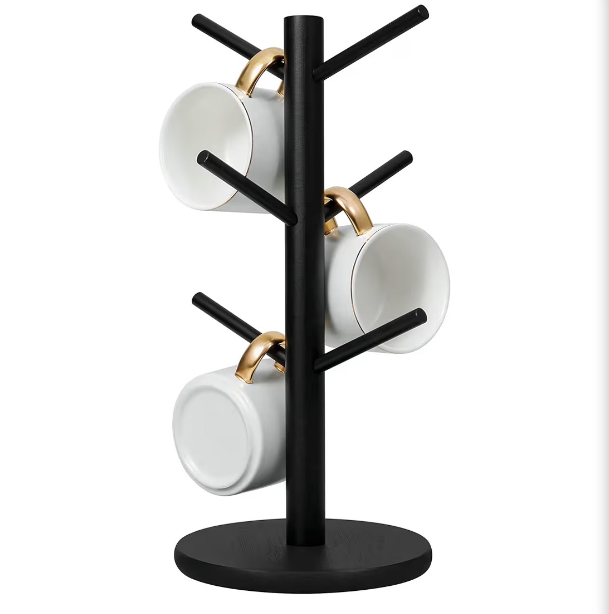Black wooden mug tree holding six white mugs on a countertop coffee bar