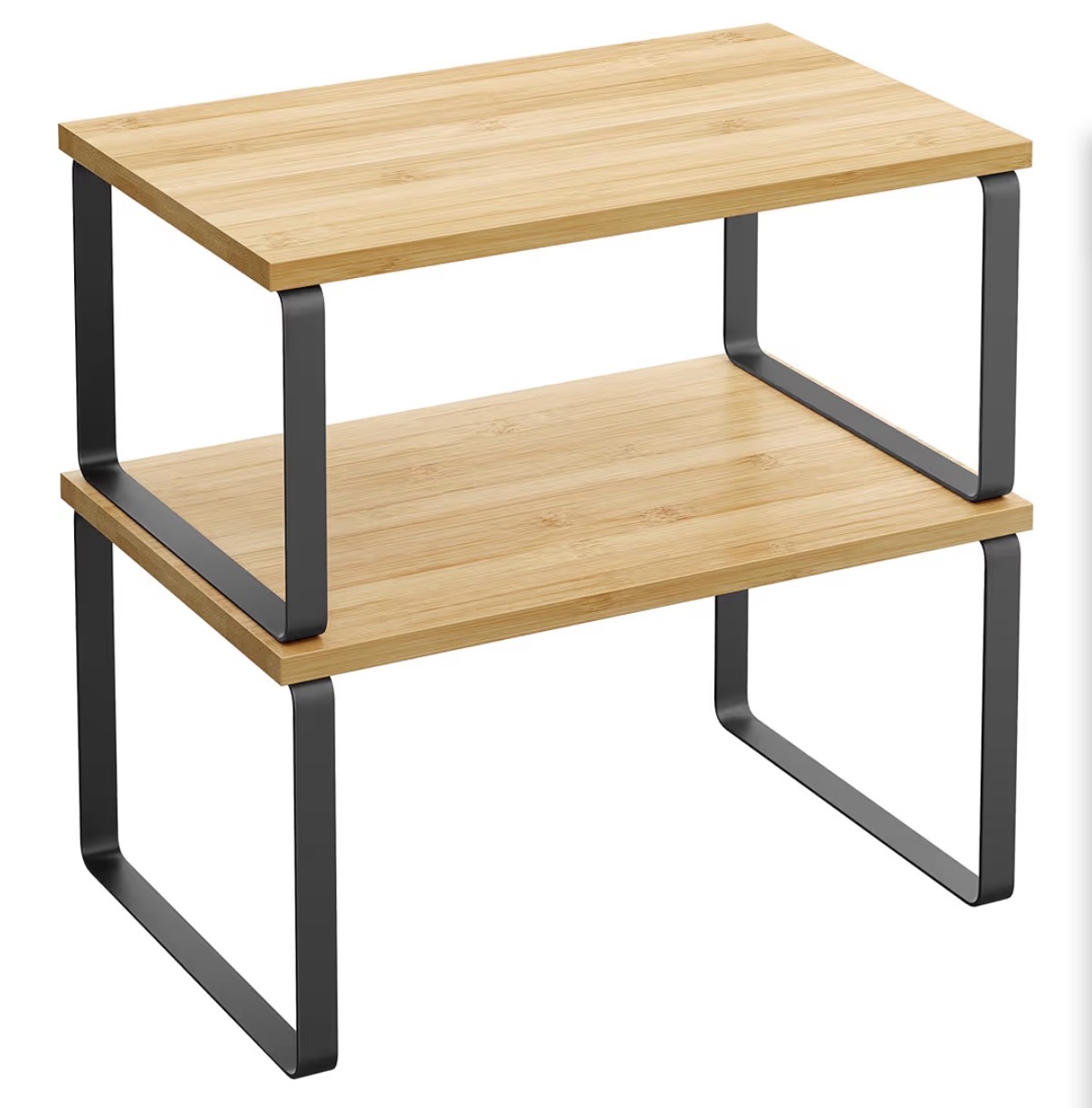 Set of two stackable counter shelf risers in natural wood with black metal legs holding mugs and jars