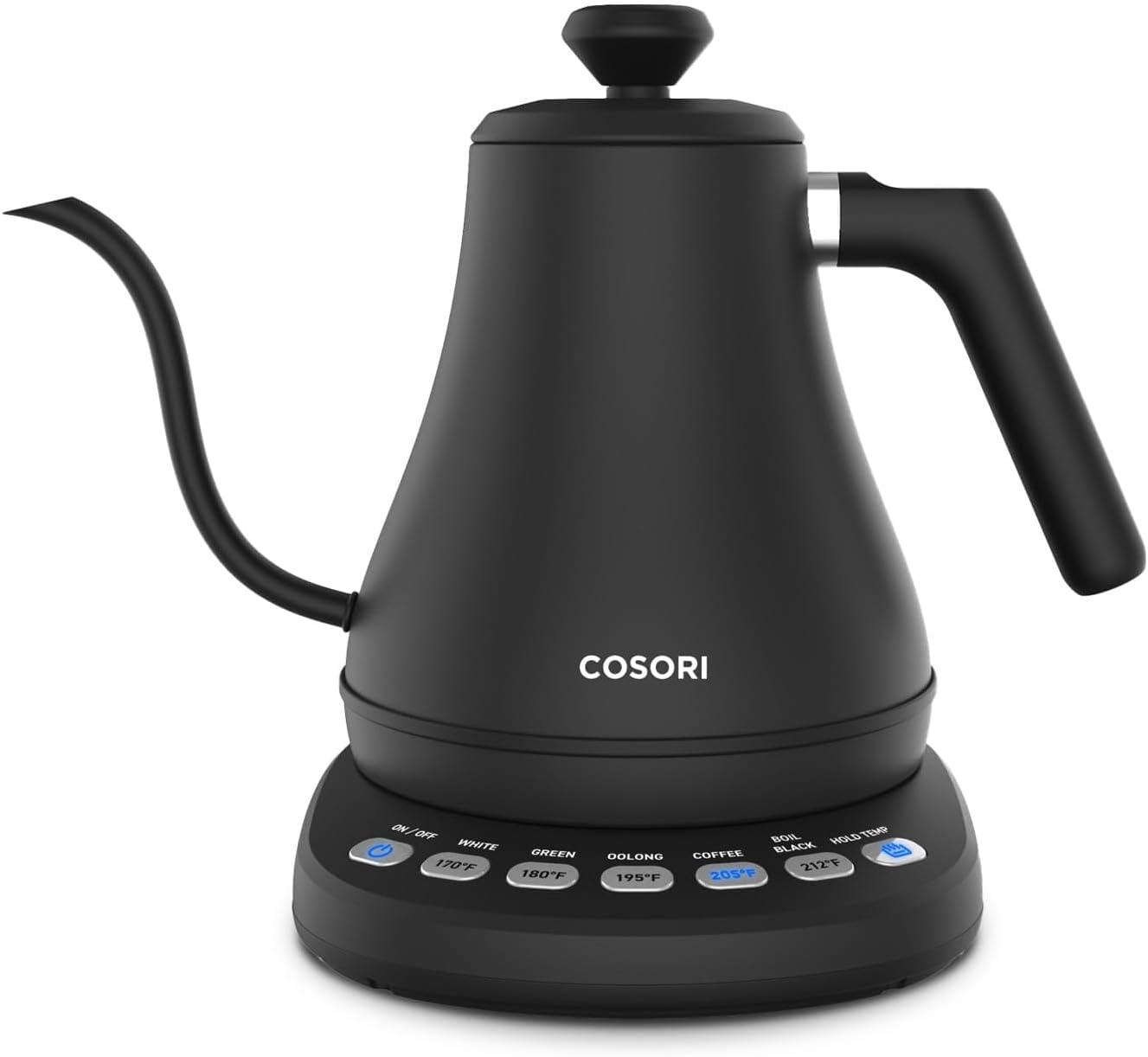 Matte black electric gooseneck kettle with temperature preset buttons on the base