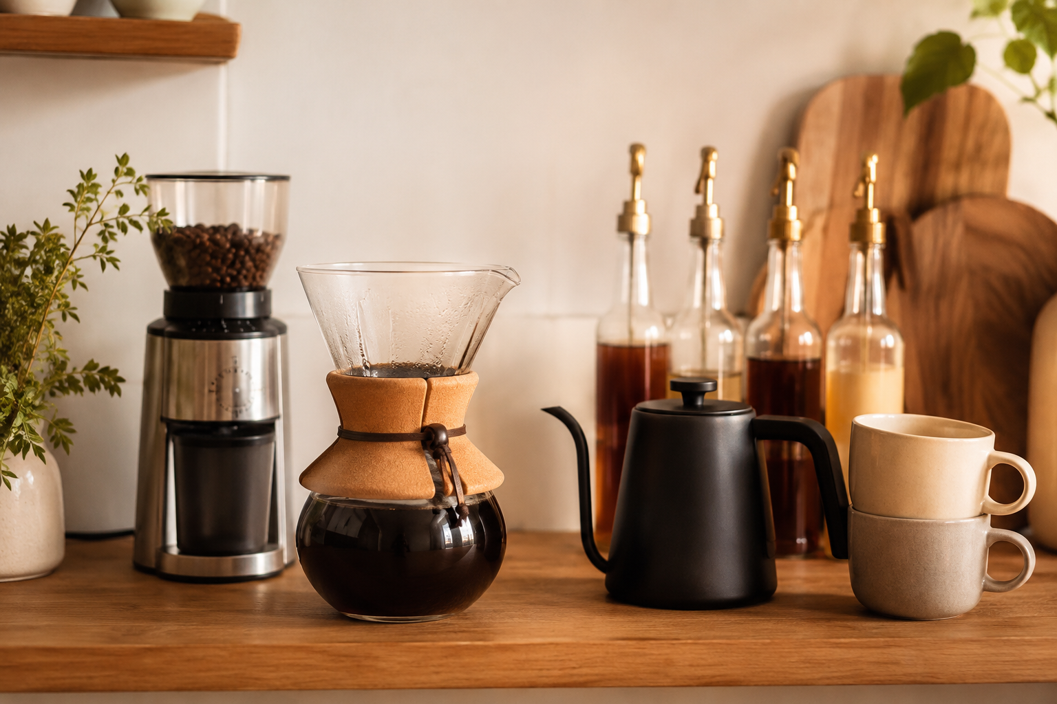 A cozy coffee station with a glass pour-over coffee maker, a black gooseneck kettle, a burr grinder, flavored syrups, and warm neutral ceramic mugs
