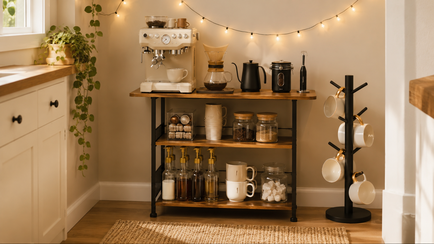 A cozy corner coffee bar on a small wood and black cart with a coffee maker, glass canister of beans, a milk frother, a tiered shelf, and mugs hanging on a mug tree