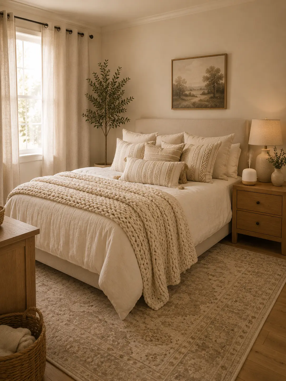 Warm neutral bedroom with a chunky knit throw on the bed, boho pillows, linen-look curtains, a vintage neutral rug, and a wood grain diffuser on the nightstand