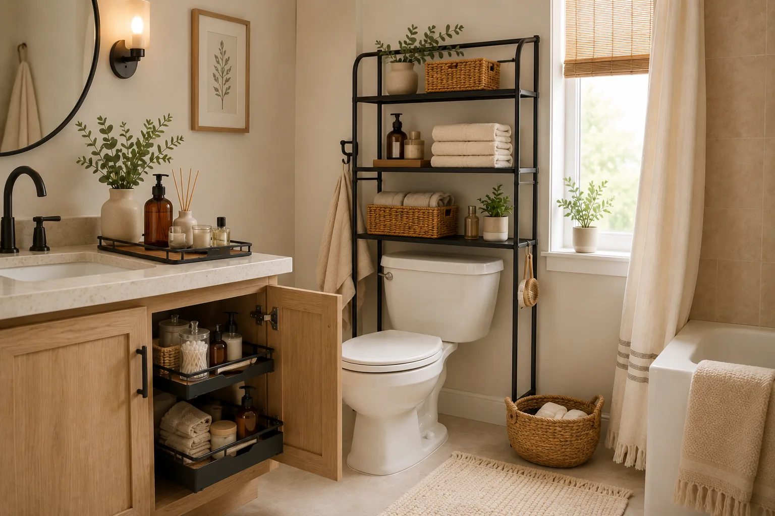 Small neutral bathroom with organized towels, woven basket, oak storage, and warm beige decor