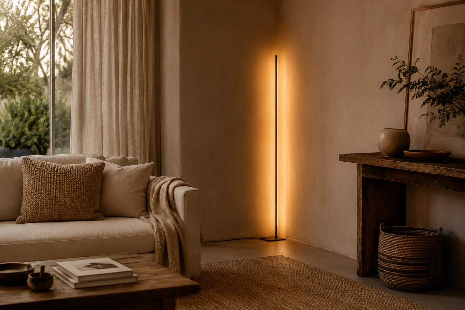 Slim corner floor lamp glowing warm amber in a cozy neutral living room