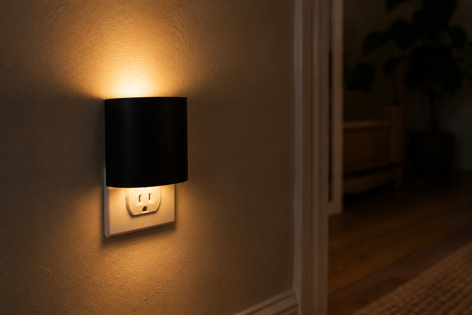Black plug-in night light casting warm amber glow up and down a hallway wall