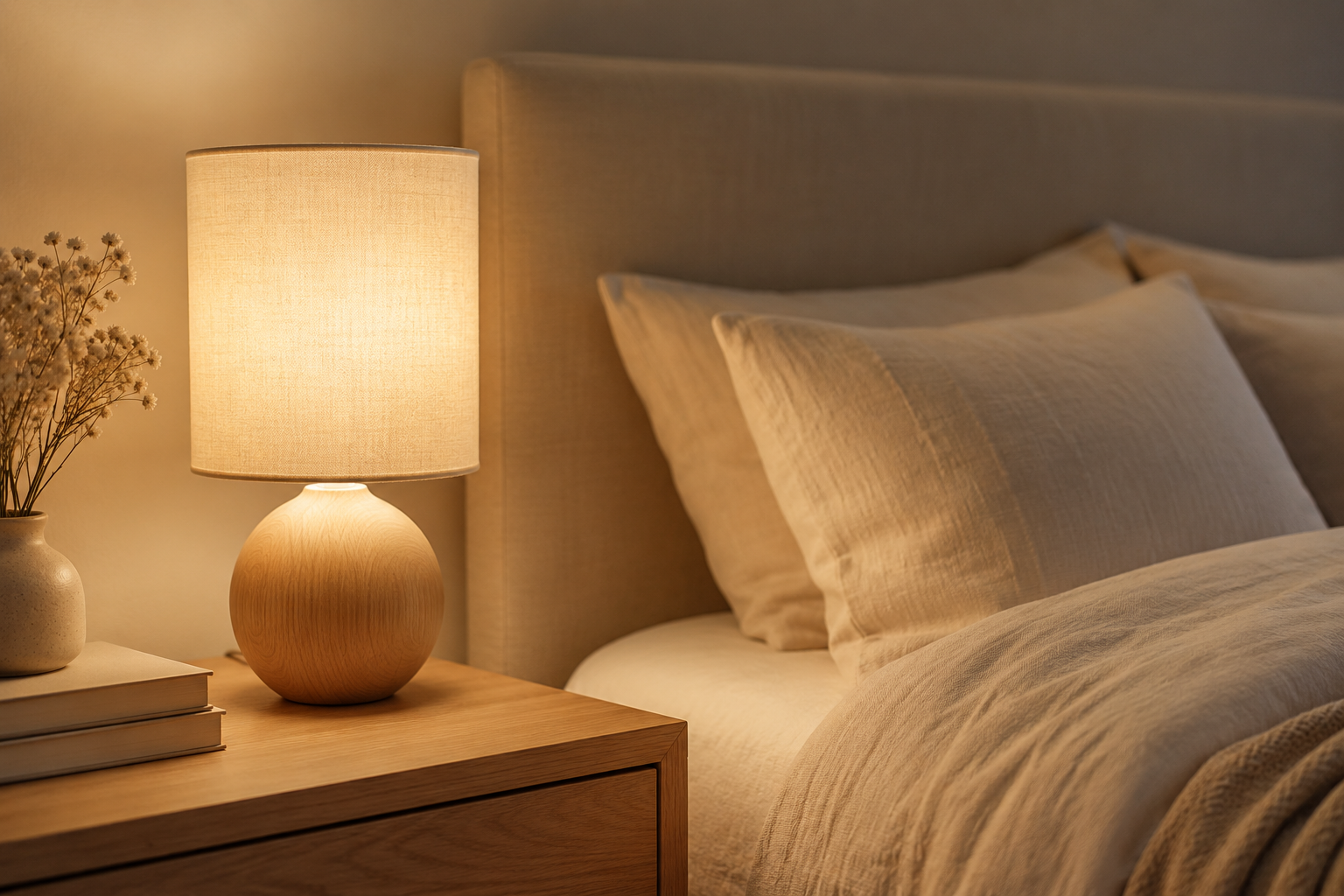 Small bedside table lamp with cream linen shade and wood base glowing warm on a nightstand