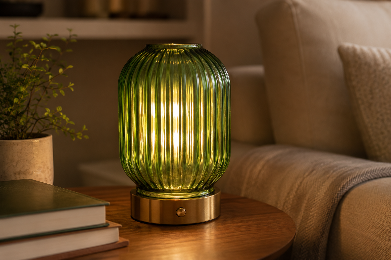 Cordless table lamp with ribbed green glass shade and brushed gold base glowing warm on a side table